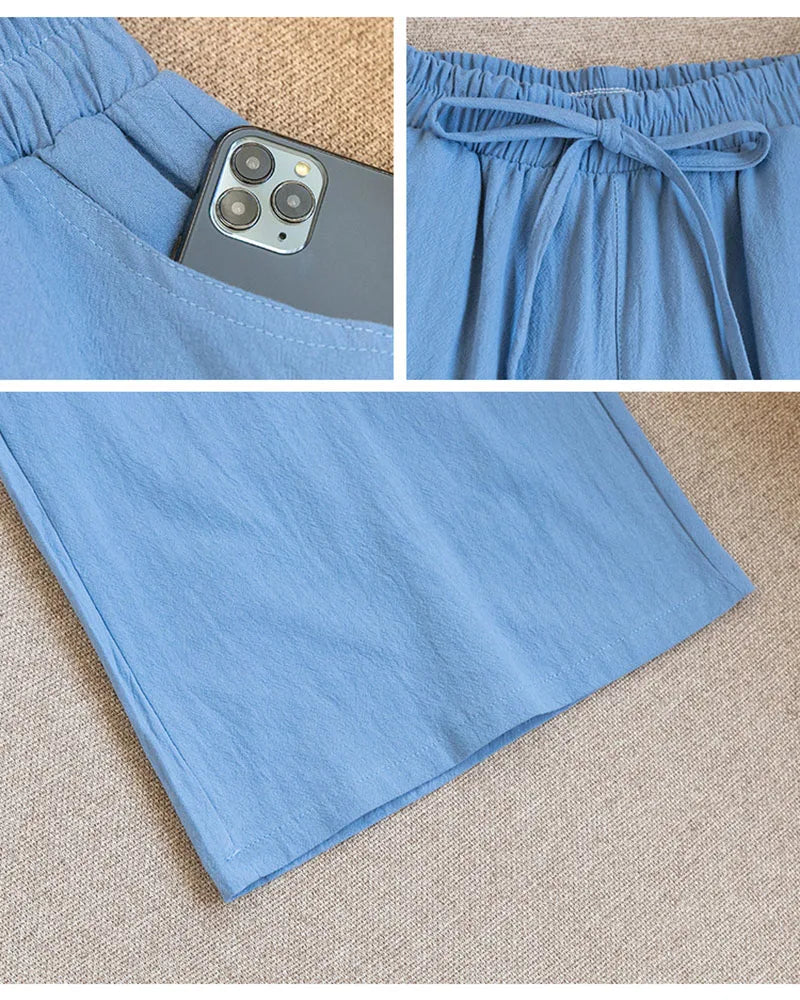 Casual Baggy Wide Leg Trousers Women Summer Thin Comfy Breathable Ankle Length Pants Vintage Loose Cotton Linen Straight Pants