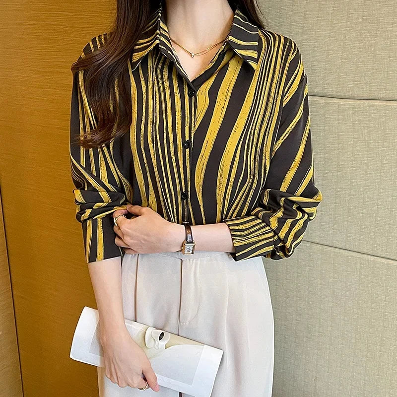 High-End Elegant Fashionable Casual Striped Long Sleeve Versatile French Style Lapel Chiffon Shirt Women's Clothing