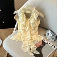 Summer Style Beach Holiday Sweet And Spicy Lace Trim Neck Hanging Chiffon Top Women Light  Round Collar T Shirt