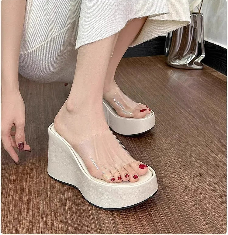 Thick Heel Platform Sandals Women's Summer Casual round Head PVC Material Beach Slippers Transparent Strap Casual Slip-On Shoes