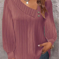 Simple Button V-neck Pullover Women's Solid Long Sleeve Casual T-shirts Elegant Lady Blouses