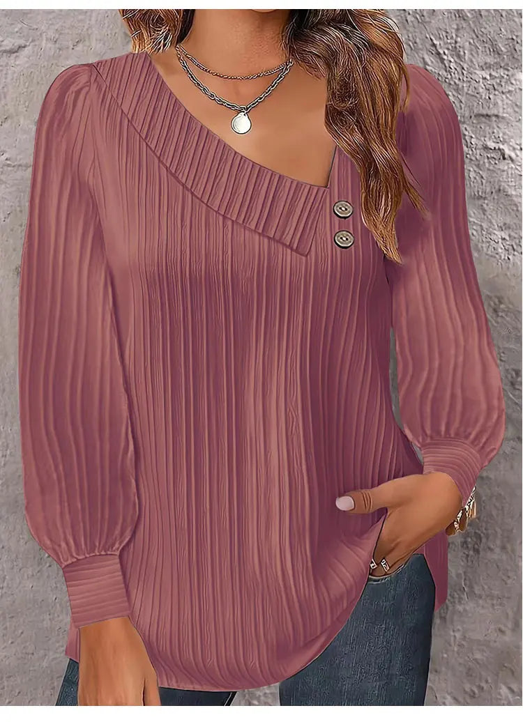 Simple Button V-neck Pullover Women's Solid Long Sleeve Casual T-shirts Elegant Lady Blouses