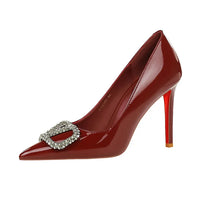 Banquet Pointed High Heels, Shallow Metal Rhinestone Thin Heel Patent Leather High Heels