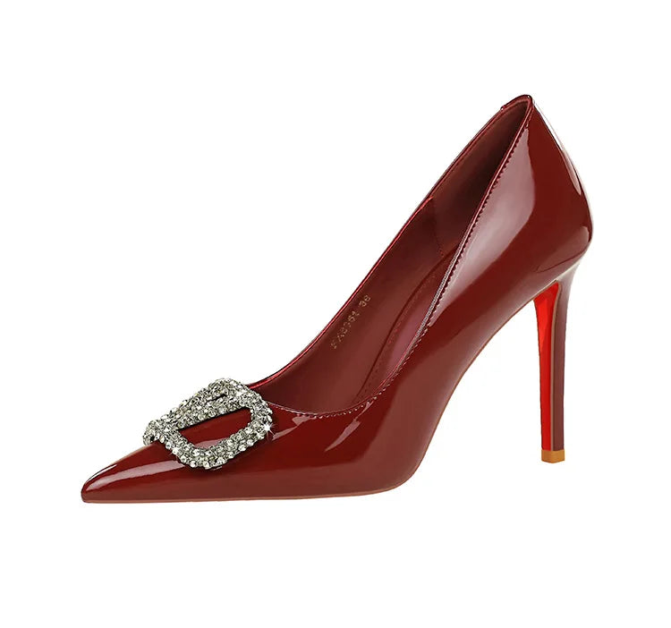 Banquet Pointed High Heels, Shallow Metal Rhinestone Thin Heel Patent Leather High Heels
