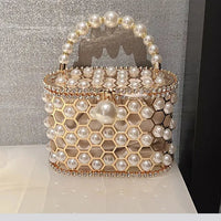 Luxury Pearl Beaded Metal Cage Hollow Out Women Handbag Rhinestones Diamond Evening Bag Wedding Party Clutch Purse Crossbody Bag