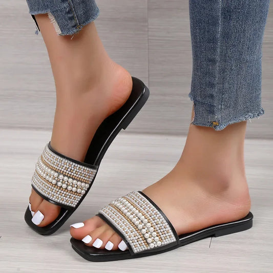 Flat Bottom Sandals Women's Fashionable Pearl Casual Beach Slippers Comfortable Rubber Upper Footwear - Natalia Home Fashion