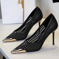 Fashion Metal Decoration Pointed Toe Pumps Woman Thin Heels Sexy Hollow Out Ladies Shoes