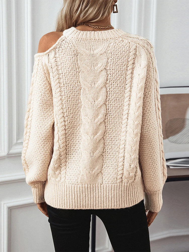 Solid Sweater Women O Neck Off Shoulder Pullover Simple Long Sleeve Knitted Jumpers Elegant Sweaters