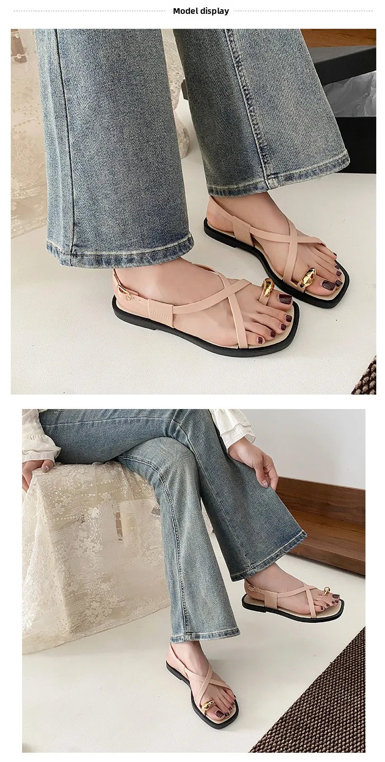 Women's Roman Style Toe-Over Sandals Flat Bottom Outdoor Wear Crossbody PVC Material Anti-Slip Low Heel Footwear