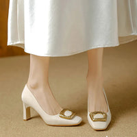 Basic Shallow Square Toe Women Pumps High Quality PU Leather Matte Thick Heel Office Shoes Woman Maroon 7CM High Heels