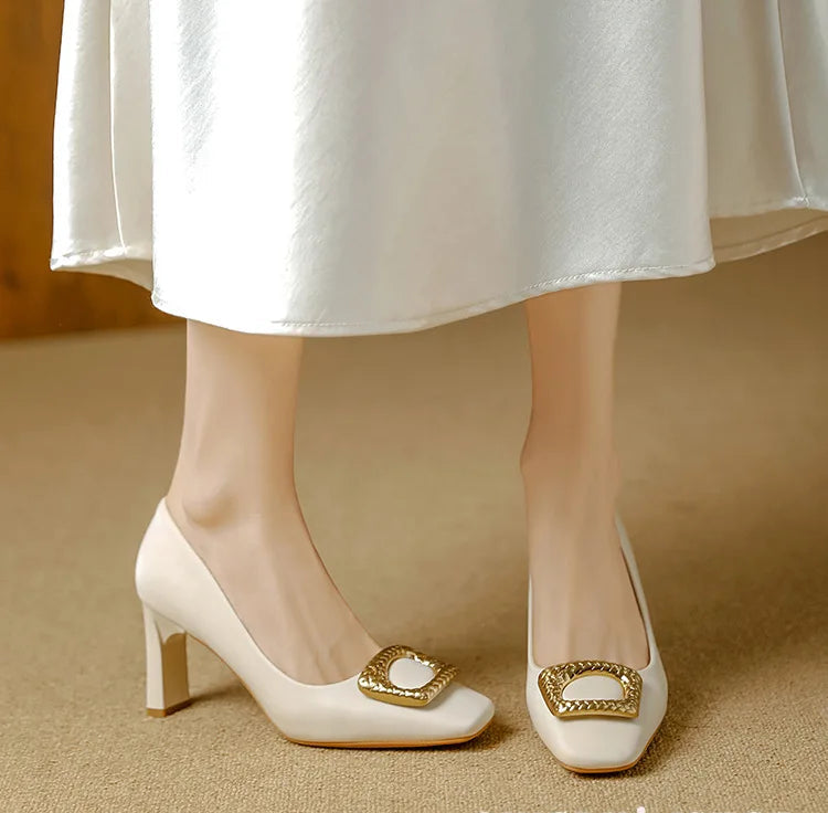 Basic Shallow Square Toe Women Pumps High Quality PU Leather Matte Thick Heel Office Shoes Woman Maroon 7CM High Heels