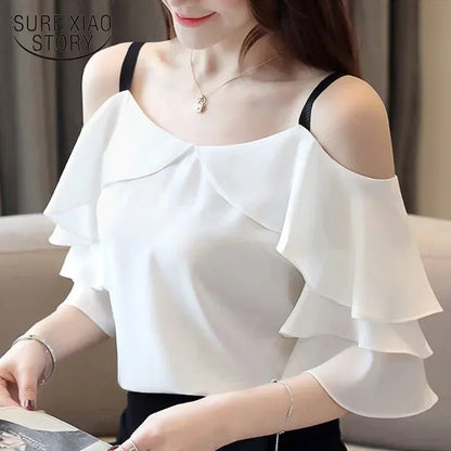 Women's Fashion Suspender V-neck Chiffon Short-sleeved Shirt Elegant Ruffle Edge Decorative Casual Shoulder Blouse