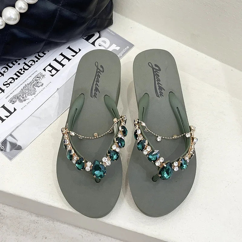 Women Slippers Fashion Summer New Water Diamond Flip Flops Women Outwear Thick Sole Slope Heels Beach Vacation Slippers