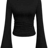 European and American Solid Color Boat Collar Flared Sleeve T-shirt for Women 2025 Autumn Slim Fit Pleated Slim Top Long Sleeves Natalia Home Fashion    Natalia Home Fashion