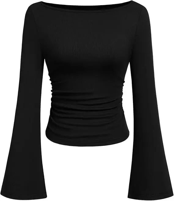 European and American Solid Color Boat Collar Flared Sleeve T-shirt for Women 2025 Autumn Slim Fit Pleated Slim Top Long Sleeves Natalia Home Fashion    Natalia Home Fashion