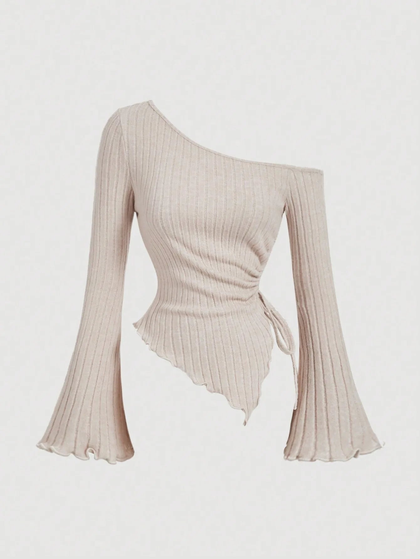 Fashion Slant Shoulder Street Personalized Style Spicy Girl Irregular Tie Rope Long Sleeve Slimming T-shirt Women's Wear