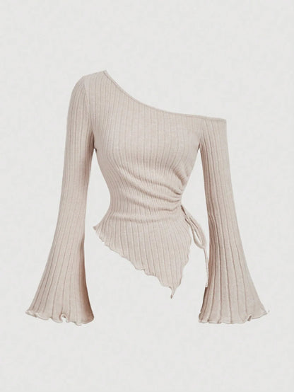 Fashion Slant Shoulder Street Personalized Style Spicy Girl Irregular Tie Rope Long Sleeve Slimming T-shirt Women's Wear