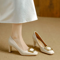 Basic Shallow Square Toe Women Pumps High Quality PU Leather Matte Thick Heel Office Shoes Woman Maroon 7CM High Heels