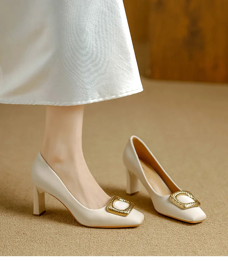 Basic Shallow Square Toe Women Pumps High Quality PU Leather Matte Thick Heel Office Shoes Woman Maroon 7CM High Heels