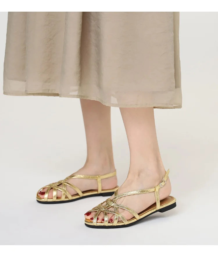 Retro woven Roman sandals, summer open-toe low-heeled women's shoes, one-strap buckle, versatile and fashionable commuter shoes
