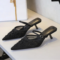 Sexy Embroidered Lace Mesh Slip-On Shoes with Fine Heel And Straps Hollow out Design for Women Fashionable Summer Slippers - Natalia Home Fashion