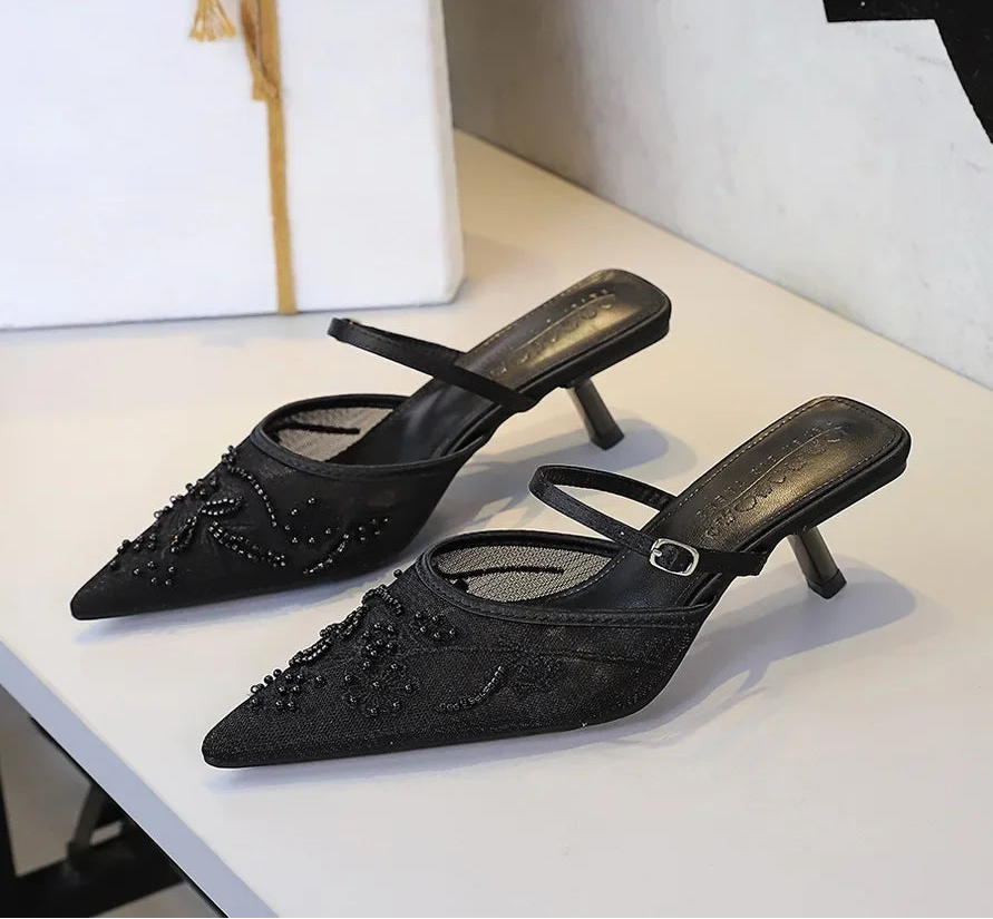 Sexy Embroidered Lace Mesh Slip-On Shoes with Fine Heel And Straps Hollow out Design for Women Fashionable Summer Slippers - Natalia Home Fashion