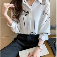Women's Blouse Long Sleeve Rose Printed Fashionable Chiffon Shirt Long Sleeve Top