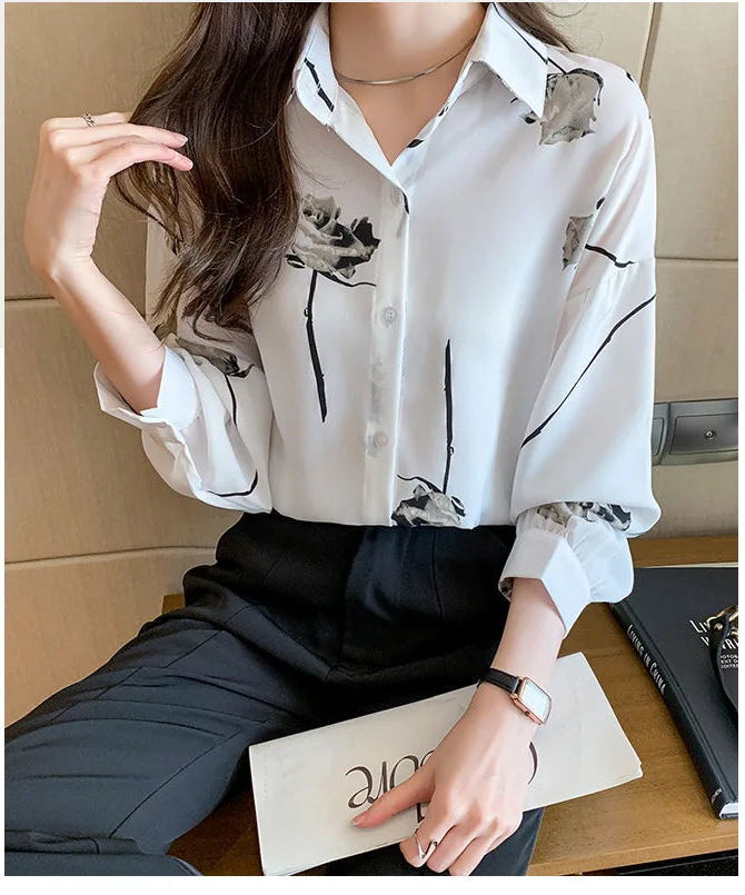 Women's Blouse Long Sleeve Rose Printed Fashionable Chiffon Shirt Long Sleeve Top