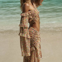 Chiffon Floral 2 Pc Bikini Set Long Sleeve Backless Crop Tops Women Transparent Bodycon Skirts Sexy Beach Casual