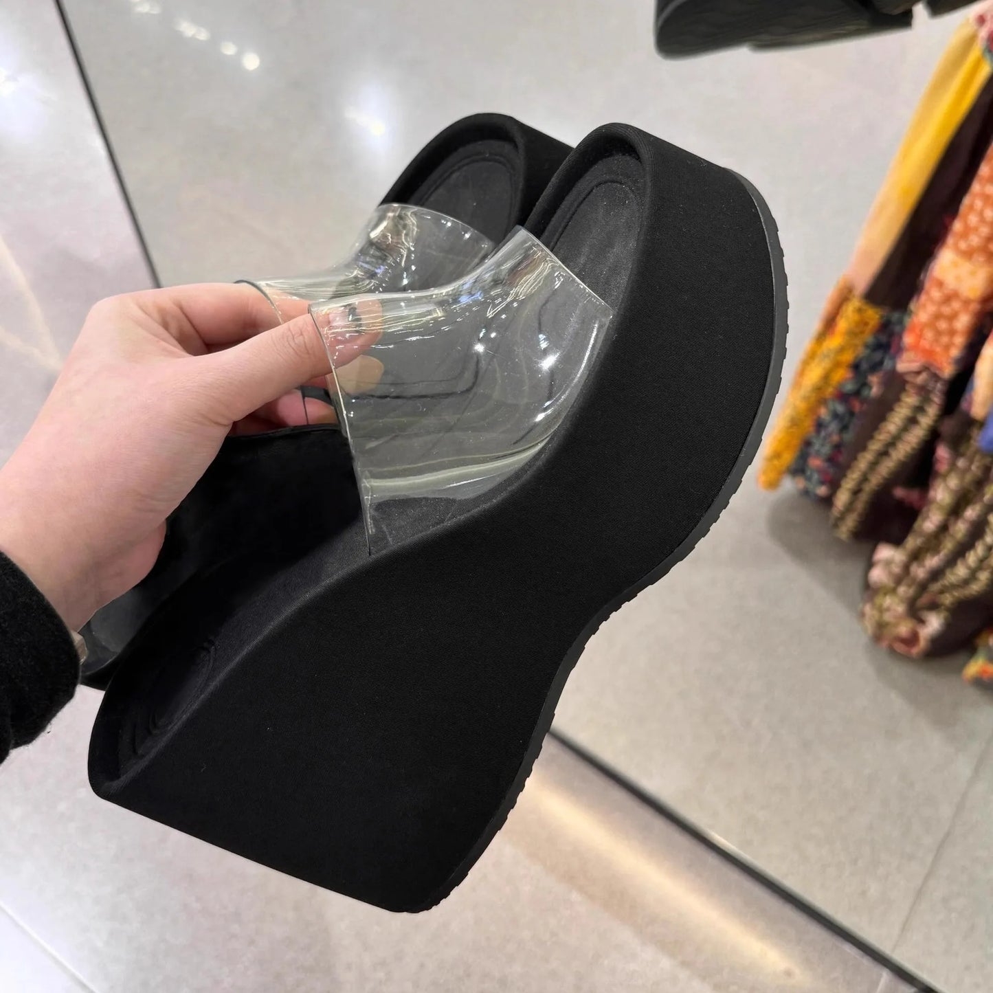 Thick Heel Platform Sandals Women's Summer Casual round Head PVC Material Beach Slippers Transparent Strap Casual Slip-On Shoes