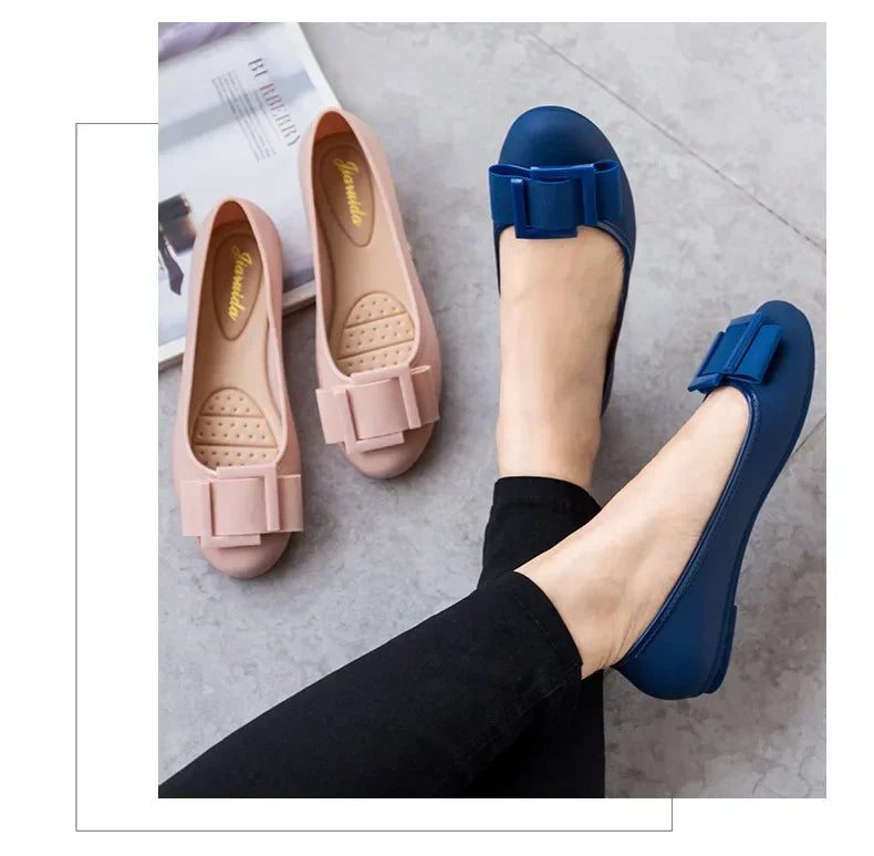 Jelly Flat Shoes Lady Waterproof Bow Tie Flats Cute Sweet Shoes Women Fashion Comfortable Soft