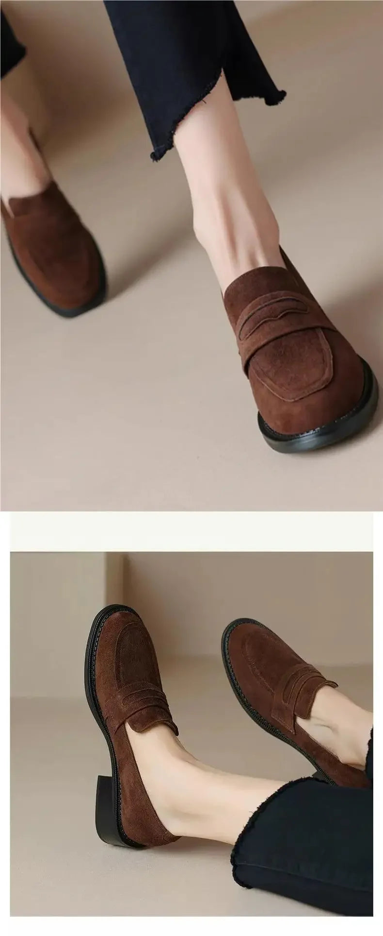 British Style Fleece Lined Chunky Heel Loafers Women's Shoes Retro French Vintage Leather Casual Shoes Rubber Sole Adult Footwear