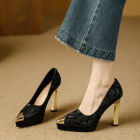 Fashion Women's Shoes Thin Block Heels 11cm Pointed Toe Shallow Mouth Ladies Pumps Party Shoes