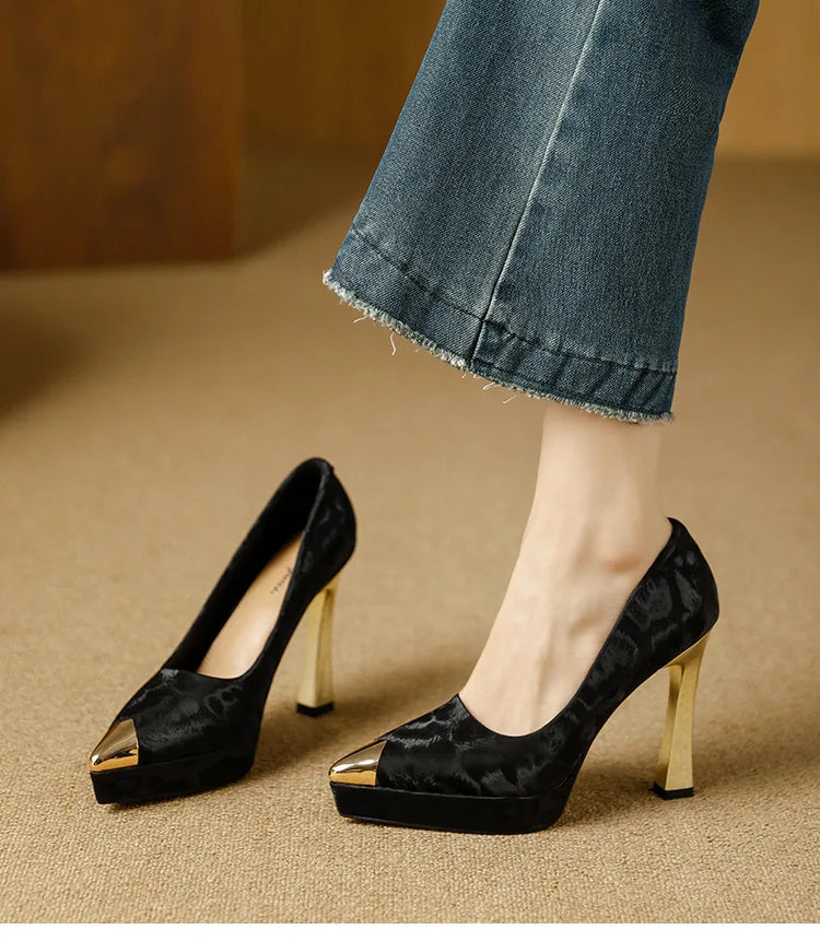Fashion Women's Shoes Thin Block Heels 11cm Pointed Toe Shallow Mouth Ladies Pumps Party Shoes
