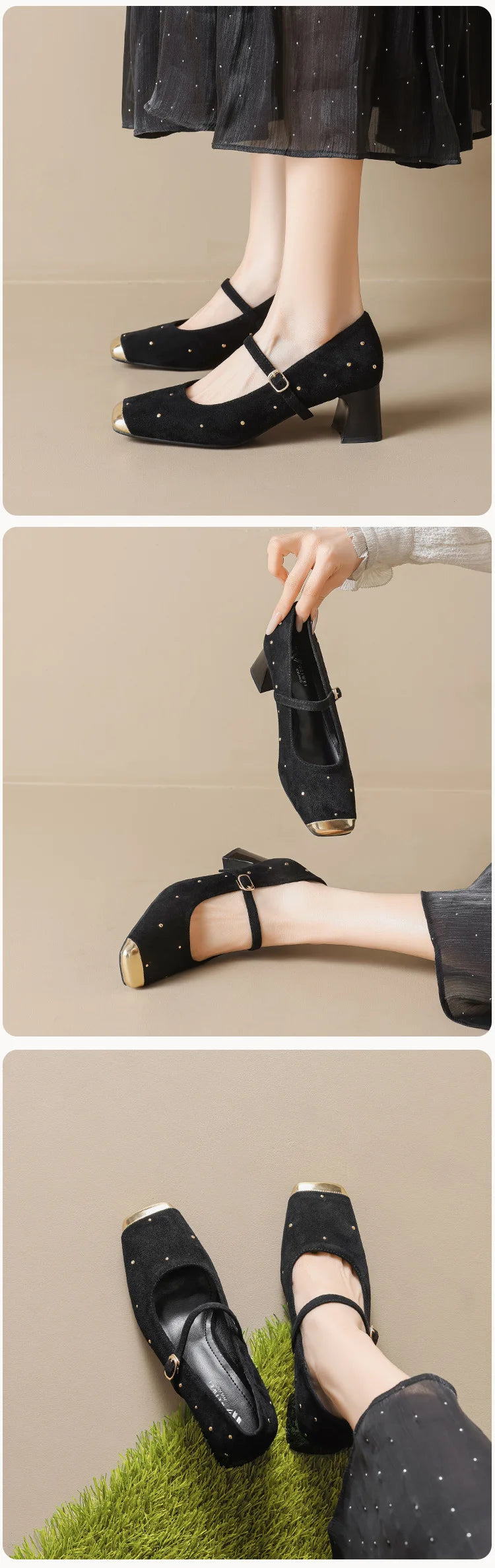Retro Square Head Mary Jane Shoes Women Comfortable Slip-On High Heels Casual Velvet Upgraded Rubber Sole