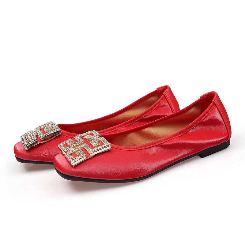 Rhinestones Buckle Flats Ballet Shoes Women Slip on Shallow Mouth Moccasins Elegant Women's Loafers Party Leather Ballerina