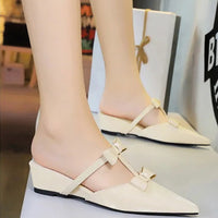 French Wedge Heel Pointed Head Sandals Versatile Bow Medium Heel Half Slippers Women