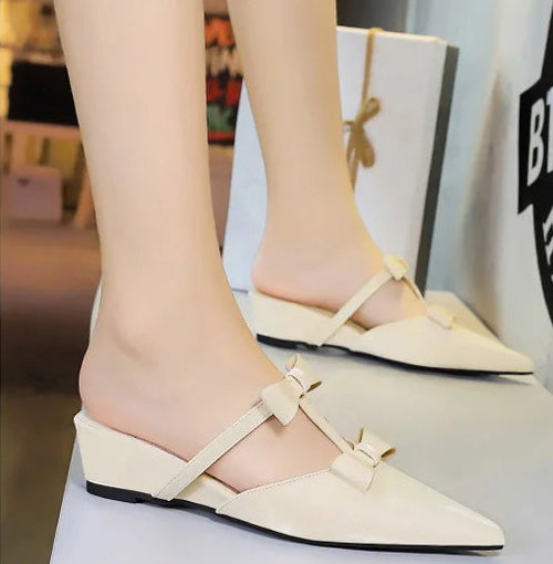 French Wedge Heel Pointed Head Sandals Versatile Bow Medium Heel Half Slippers Women