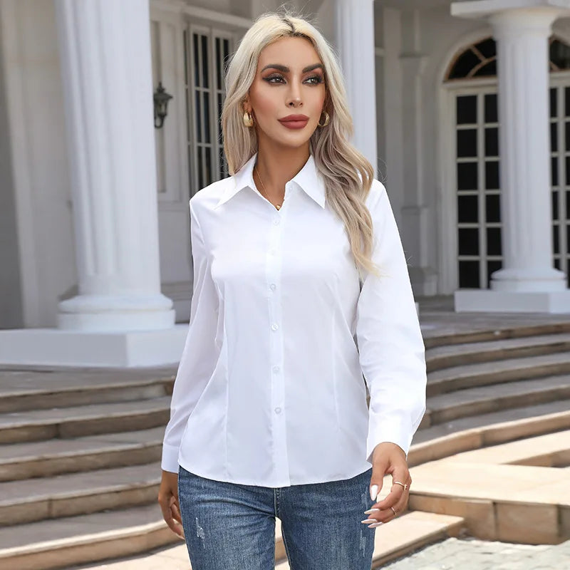 Women Spring Autumn Style Blouses Shirts Lady Casual Long Sleeve Turn-down Collar Solid Color Blouse Tops Natalia Home Fashion    Natalia Home Fashion
