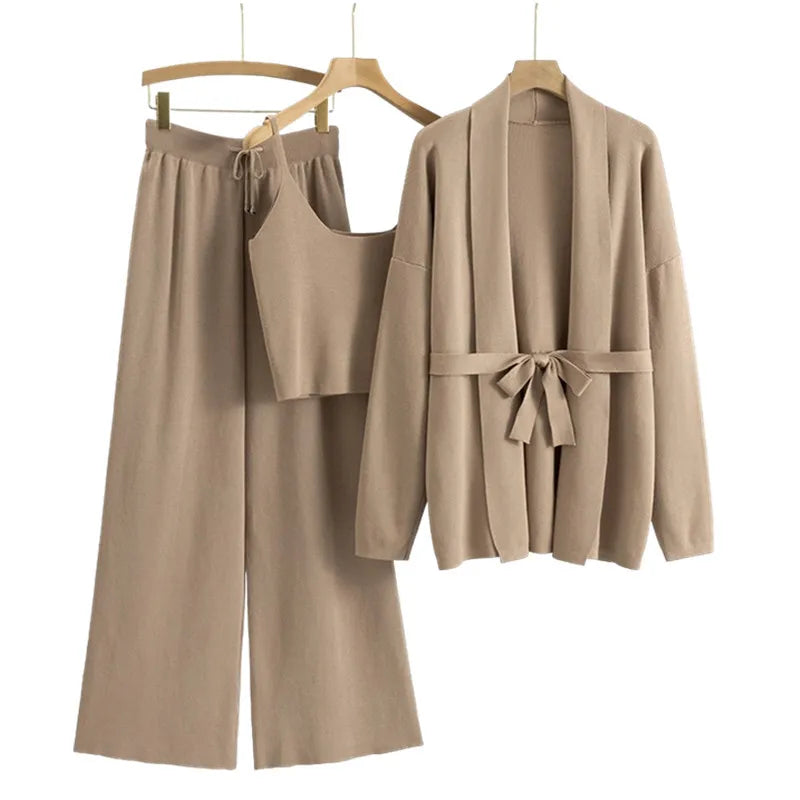 Loose Casual Fashion Set Women's Spring and Autumn Knitted Cardigan Jacket Camisole Wide Leg Pants Three Piece Set Natalia Home Fashion    Natalia Home Fashion