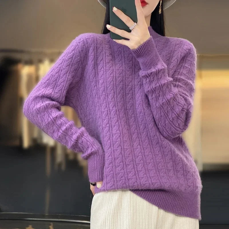 Thickened Pure Wool Knitted Sweater Women's Pullover Half High Collar Cashmere Base Layer Style