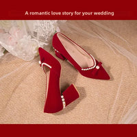 Women's Chunky Heel Pointed Toe Slip-On Shoes Wedding Dress Two-Way Wear Pearl Red Bridal Shoes Spring Autumn New Style