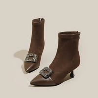 Fashionable Slim Fit Diamond Decorated Pointed Toe High Heel Bootie Mid-Calf Zipper Closure Leather Boot for Women
