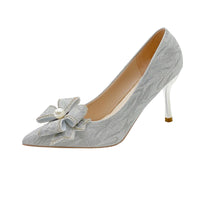 Stiletto Heels Wedding Pumps Women Party Shoes Silver Crystal Butterfly Knot Pointed Toe Sexy High Heels