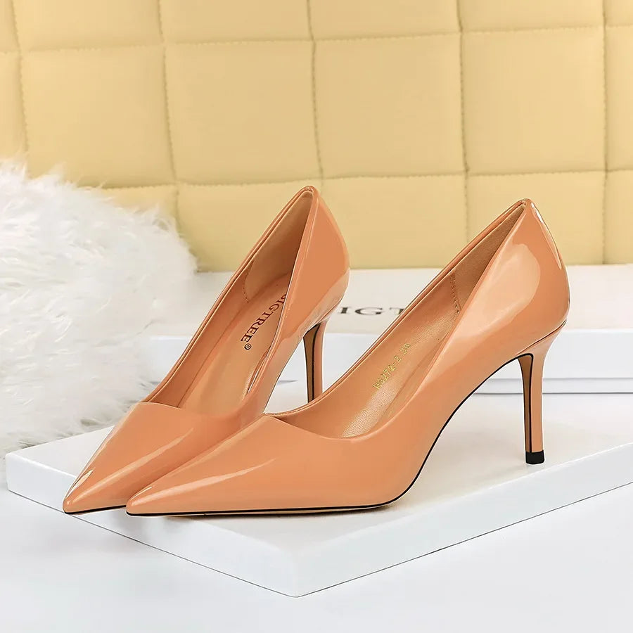 Women High Heels Scar pins Pumps Lady Glossy Leather Fetish Wedding Bridal Mid Low Heels Office Shoes