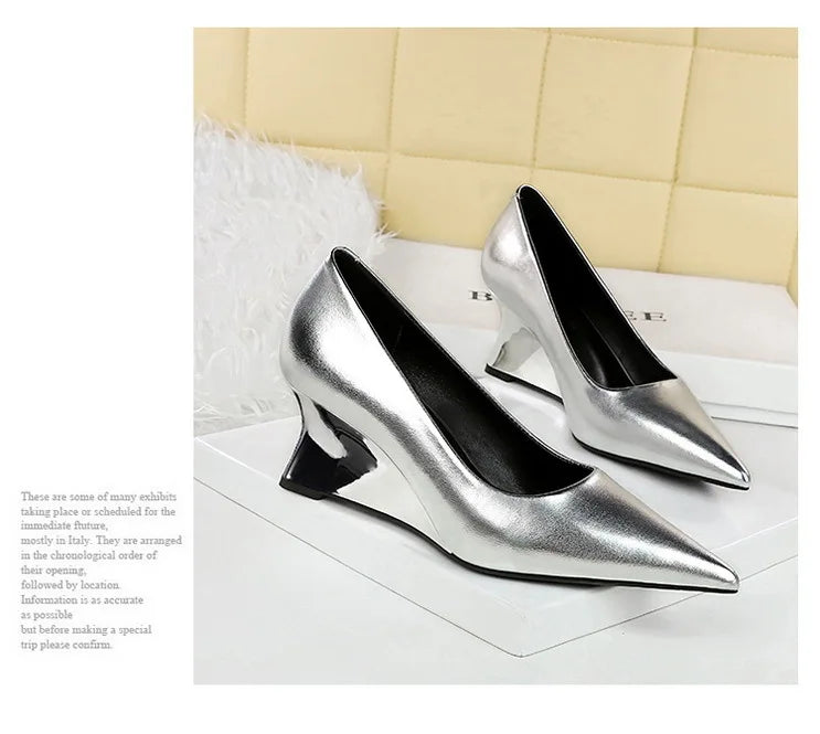 Spring Fashion Pointed Toe Pumps Woman Metal Decoration Wedges Heels Elegant Ladies Shoes