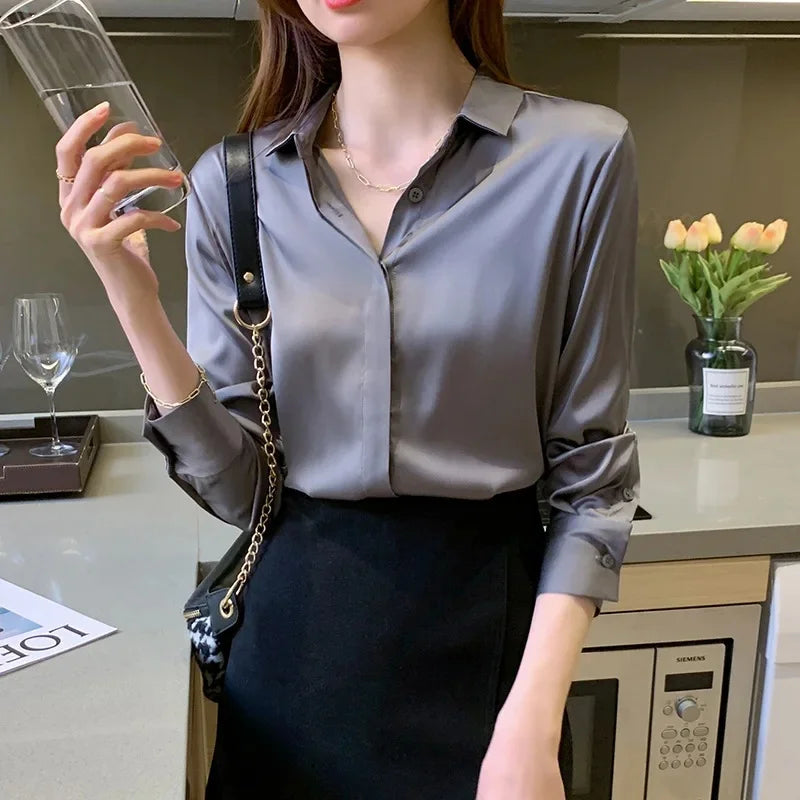 Style Women's Long Sleeve Satin Shirt Casual Style Fashion Design Lightweight Maturity Ladies Blouse
