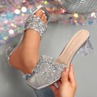 Shiny Sequins High Heel Slippers for Women Summer Fashion Square Toe Transparent Heeled Sandals Woman Glitter Slides - Natalia Home Fashion