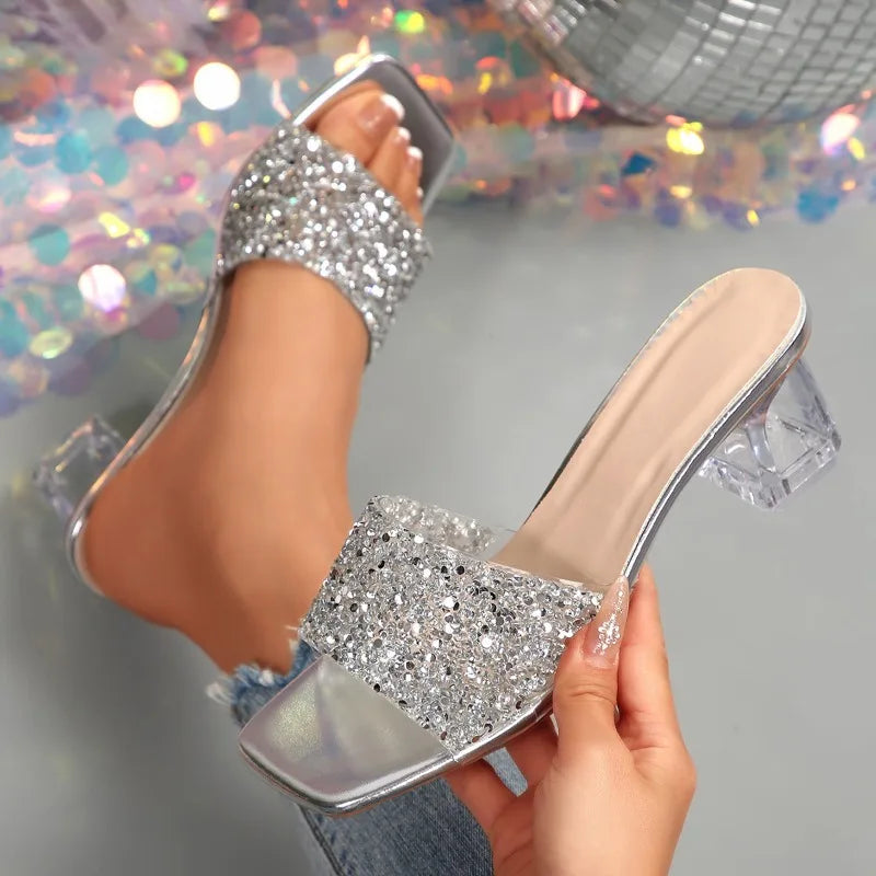 Shiny Sequins High Heel Slippers for Women Summer Fashion Square Toe Transparent Heeled Sandals Woman Glitter Slides - Natalia Home Fashion