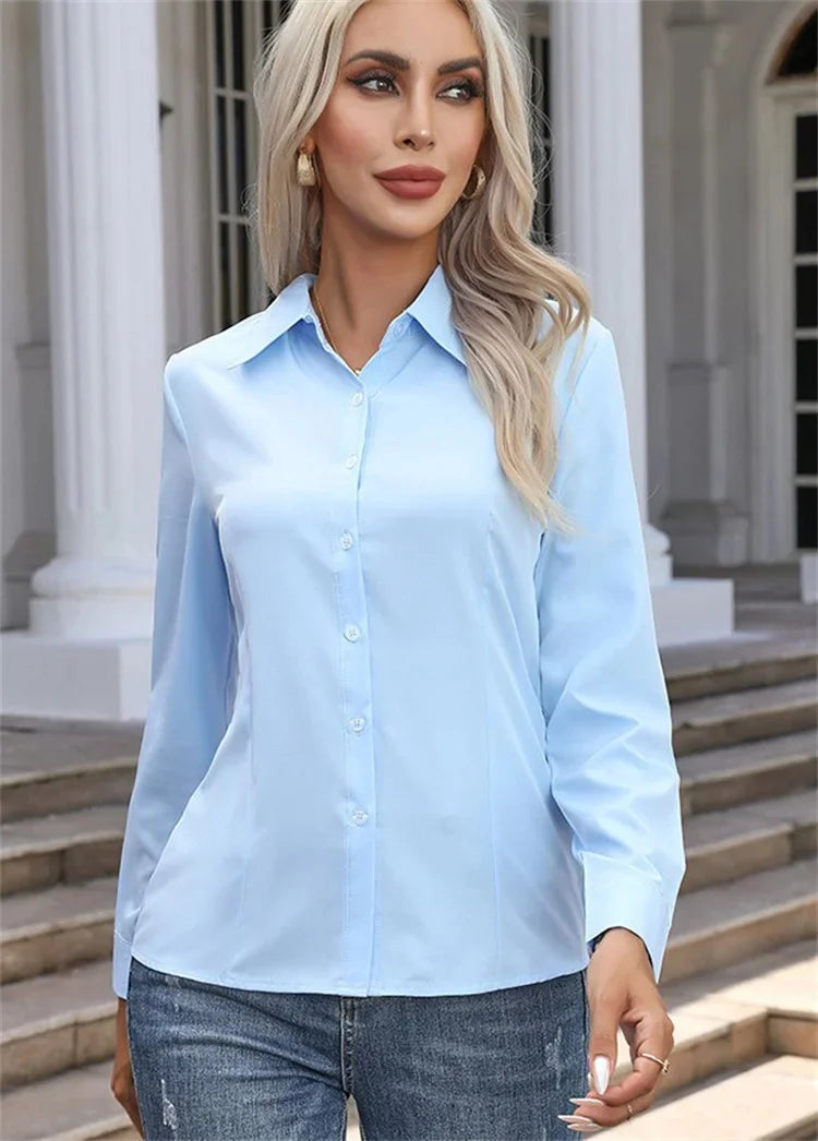 Women Spring Autumn Style Blouses Shirts Lady Casual Long Sleeve Turn-down Collar Solid Color Blouse Tops Natalia Home Fashion    Natalia Home Fashion